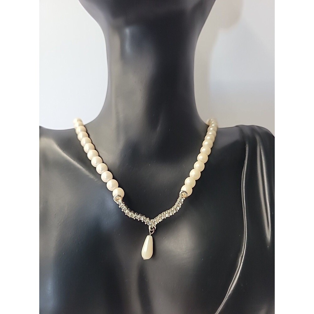 Faux Pearl Necklace Rhinestone V Drop Pendant Bridal‎ Wedding Elegant Classic
